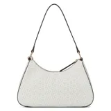 Cartera tipo hobo de Guess modelo Layla, color blanco con monograma de la marca en tono tostado y herrajes dorados. Presenta cierre superior y un charm colgante con llaves.