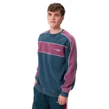 Buzo de cuello redondo Rusty, con diseño de bloques de color en verde petróleo y bordó, con detalles de líneas blancas y logo bordado en el pecho.