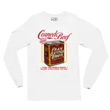 Remera de manga larga color blanco con estampa frontal gráfica de una lata de Corned Beef Fray Bentos y texto alusivo.