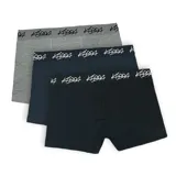 Pack de tres boxers de hombre, uno gris, uno azul marino y uno negro, con cintura elástica con logo Kaboa en blanco.