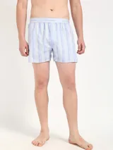 Bóxer suelto de popelina de algodón a rayas verticales celestes y blancas, con cintura elástica celeste con logo Calvin Klein.