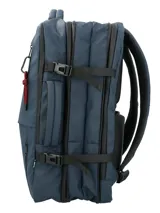 Mochila y maletín RKF azul navy de poliéster reciclado repelente al agua, con tres compartimentos independientes con cierre, compartimento para laptop de 15 pulgadas, triple bolsillo frontal, mango lateral y correas ajustables.