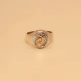 Anillo de sello con diseño de búho en relieve, elaborado en plata 925 y detalles en oro 9k.