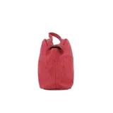 Necessaire dorado de cuero con cierre superior y correa de mano.