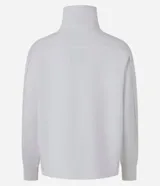 Campera deportiva blanca de microfibra pesada, con cuello alto plegable, cierre frontal con cremallera y puños ajustados.