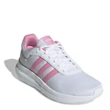 Championes Adidas Lite Racer 4.0 de diseño deportivo, confeccionados en malla blanca con las icónicas tres tiras laterales en color rosado. Presentan interior y lengüeta en tono rosado, con entresuela Cloudfoam para mayor amortiguación.