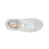 Zapatillas urbanas CAT modelo Amp Canvas para mujer, color gris claro con detalles plateados en la lengüeta y contorno de los cordones. Confeccionadas en lona recubierta en PU, con forro de malla reciclada, plantilla de espuma EVA y suela de goma. Cuentan con tecnología Street Shield repelente al agua.