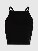 Top negro de denim rígido con cuello halter, diseño entallado y cropped, costuras moldeadoras en el pecho, espalda abierta con cierre anudado y logo de Calvin Klein en el bajo.