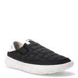 Championes tipo slip-on Merrell Hut Moc 2, color negro con diseño acolchado y suela blanca. Presenta un talón plegable y detalles en blanco en el borde superior y la suela.