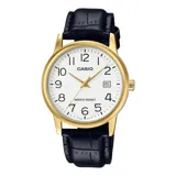 Reloj analógico Casio con caja redonda de acero inoxidable en tono dorado y esfera blanca con números arábigos negros. Cuenta con visor de fecha y correa de cuero negro con textura de cocodrilo.