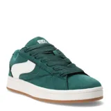 Championes de mujer de estilo urbano, color verde oscuro con detalles en blanco. Presentan una capellada de gamuza, cordones anchos del mismo color y una suela gruesa de goma blanca con borde inferior color caramelo.