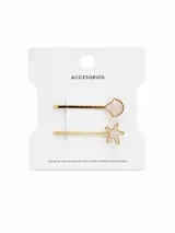Pack de dos horquillas para el pelo doradas, con detalles en forma de concha marina y estrella de mar en tono rosado perlado.