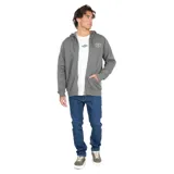 Canguro con cierre gris con capucha y cordones ajustables, bolsillos frontales y logo estampado en el pecho.