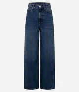Pantalón wide leg de tiro alto confeccionado en jean de algodón, con pretina con pasacintos, cierre frontal con botón y cremallera, y bolsillos delanteros y traseros.