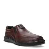 Zapato de cuero marrón tipo slip-on con elásticos laterales, costuras reforzadas y suela de goma negra antideslizante.