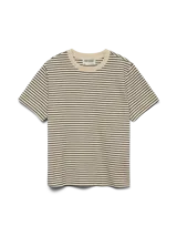 Remera de manga corta con hombros caídos y cuello redondo, de corte regular. Confeccionada en tejido de punto circular con acabado interlock, color beige con rayas horizontales negras.