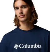 Remera de algodón orgánico color azul marino, con cuello redondo, mangas cortas y logo de la marca estampado en blanco en el pecho.