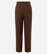 Pantalón de vestir gris con textura tweed, de corte recto, cintura alta con pliegues delanteros y bolsillos laterales.