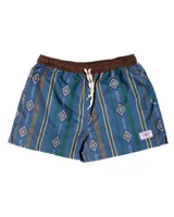 Short de baño azul con estampado geométrico en tonos marrón, verde y amarillo. Tiene cintura elástica con cordón ajustable.