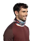 Cuello multifuncional Buff Coolnet Uv con estampado abstracto en tonos celeste, naranja, blanco y negro.