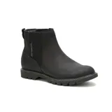 Bota tipo Chelsea de la marca Caterpillar, confeccionada en cuero nobuk texturizado de color negro. Presenta paneles elásticos laterales para un ajuste cómodo, suela de goma resistente con tracción y diseño de punta redonda.