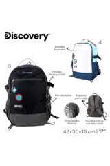 Mochila con diseño en blanco, celeste y azul marino. Cuenta con bolsillos frontales, hebillas de seguridad, porta botellas, sujeción para valija y organizador interno. Incluye parches decorativos y texto bordado.