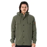 Campera verde con capucha, cierre con botones, cuatro bolsillos frontales y logo en la manga.