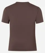 Blusa marrón ajustada al cuerpo, de manga corta y cuello redondo.