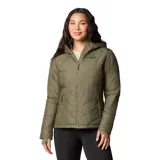 Campera técnica Columbia modelo Heavenly con capucha, color verde oliva. Presenta diseño acolchado con costuras en forma de V, cierre frontal completo, bolsillos laterales con cremallera y puños con orificios para pulgares. Incorpora tecnología Omni-Heat para termorreflexión y tejido resistente al agua.