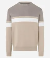 Suéter de punto con diseño de bloques de color horizontal en tonos beige, blanco y verde oscuro, cuello redondo y manga larga.