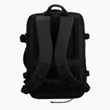 Mochila Merrell expandible de diseño técnico, color negro, con capacidad ajustable de 26 a 38 litros. Presenta múltiples compartimentos con cierres, correas de compresión laterales y asa lateral reforzada para uso versátil.