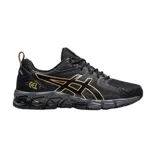 Championes de running Asics Gel-Quantum 180, color negro con detalles en dorado. Presentan tecnología de amortiguación GEL en la entresuela, diseño de malla transpirable y refuerzos sintéticos en los laterales con el logo de la marca.