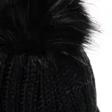 Gorro de lana tejido en punto acanalado, color negro, con vuelta en el borde y pompón de pelo sintético en la parte superior.
