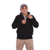 Campera de micropolar azul marino con cierre frontal y cuello alto. Tiene bolsillos laterales y puños acanalados.