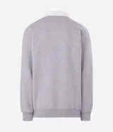 Buzo de moletón con felpa interna, color gris melange, con cuello polo blanco contrastante, mangas largas y terminaciones en rib en puños y cintura.