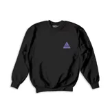 Buzo de cuello redondo y manga larga, color negro, con un pequeño estampado triangular en el pecho que contiene un diseño gráfico de un murciélago y letras.