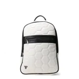 Mochila Tiffosi de diseño acolchado con patrón hexagonal tipo balón, en color blanco con detalles en negro, cierre frontal con cremallera y asa superior.