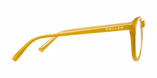 Lentes con protección contra luz azul y UV400, con montura redonda de material bio-based en color ámbar y lentes transparentes sin graduación.
