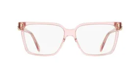 Lentes de receta con armazón de acetato en color rosado traslúcido, con diseño cuadrado y detalles metálicos en las bisagras.