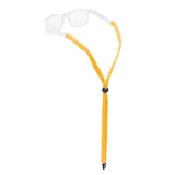 Sujeta lentes de algodón color naranja con terminales ajustables para sujetar a las patillas de los lentes y un cordón ajustable con un tope corredizo.