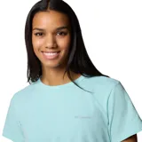 Remera de manga corta Columbia, color turquesa, con cuello redondo y logo de la marca estampado en el pecho. Confeccionada con tecnología Omni-Wick que absorbe la humedad y protección solar UPF 50.