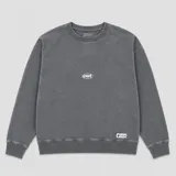 Buzo de cuello redondo en color gris con efecto lavado, manga larga y puños acanalados. Presenta un pequeño logo bordado en el centro del pecho y una etiqueta decorativa en el ruedo.