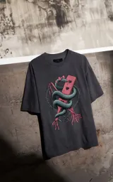 Remera de algodón color gris oscuro con efecto lavado, de corte holgado y manga corta. Presenta una estampa frontal detallada que muestra una serpiente entrelazada alrededor de una paleta de madera con corazones, rodeada por un diseño de alambre de púas.