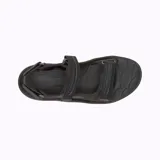 Sandalia de senderismo Merrell modelo Huntington Sport, color negro. Presenta un diseño ergonómico con empeine sintético impermeable, forro de neopreno y sistema de cierre con dos tiras de velcro ajustables. Cuenta con una entresuela de espuma EVA ligera, tecnología Air Cushion en el talón para absorción de impactos y suela de goma adherente para mayor tracción.