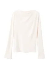 Blusa de poliéster color blanco con cuello redondo drapeado y mangas largas.