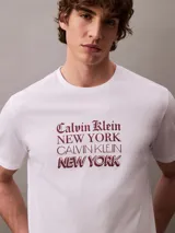 Remera de manga corta color blanco, con cuello redondo y corte regular. Presenta un estampado frontal con el logo y la inscripción 'Calvin Klein New York' en color bordó.