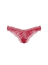 Tanga de encaje rojo con diseño de tiro bajo, corte de pierna alta y escote en V frontal.