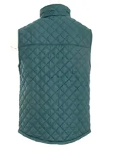 Chaleco negro capitoneado con cuello alto y cierre frontal con botones a presión.