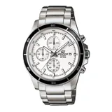 Reloj cronógrafo Casio Edifice con caja y pulsera de acero inoxidable plateado. Presenta una esfera blanca con índices plateados, tres subesferas para cronómetro y ventana de fecha a las 3 en punto. Posee cristal mineral y resistencia al agua de 100 metros.