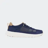 Championes Hey Dude modelo Sirocco Alta Craft, de diseño vintage en color azul marino. Presentan una combinación de materiales textiles y detalles en cuero, con cordones de cuerda y suela blanca ligera y flexible.